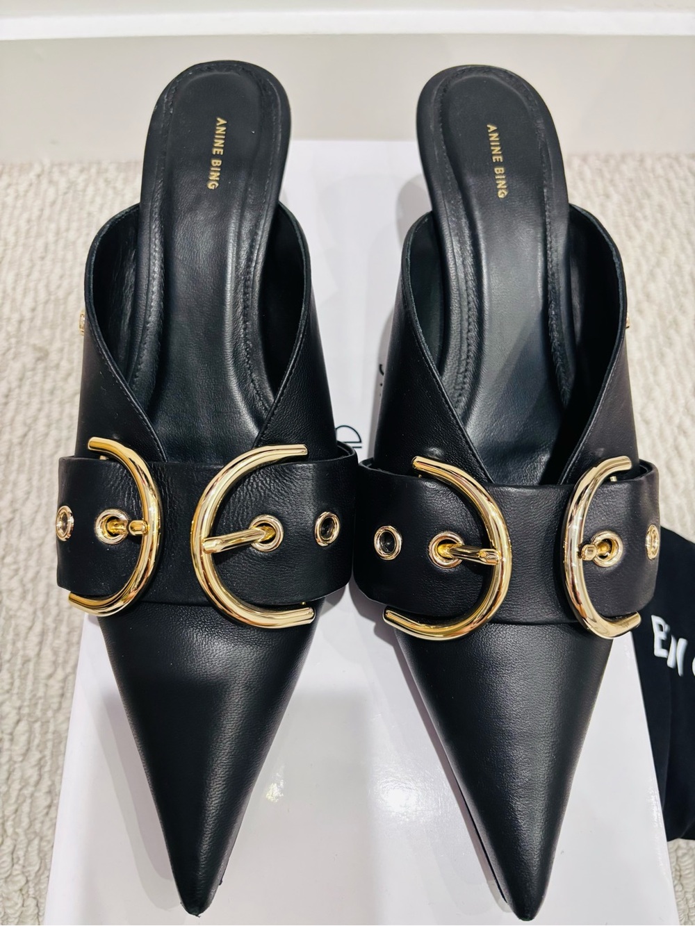 Anine Bing Zoe Black Leather Pointed Mule with Gold Buckle 36/36.5